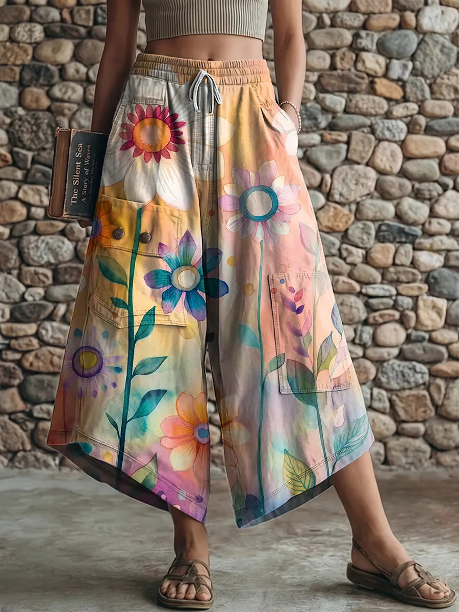 Ethnicity Watercolor Flowers Women's Art Print Casual Elastic Waist Loose Pants